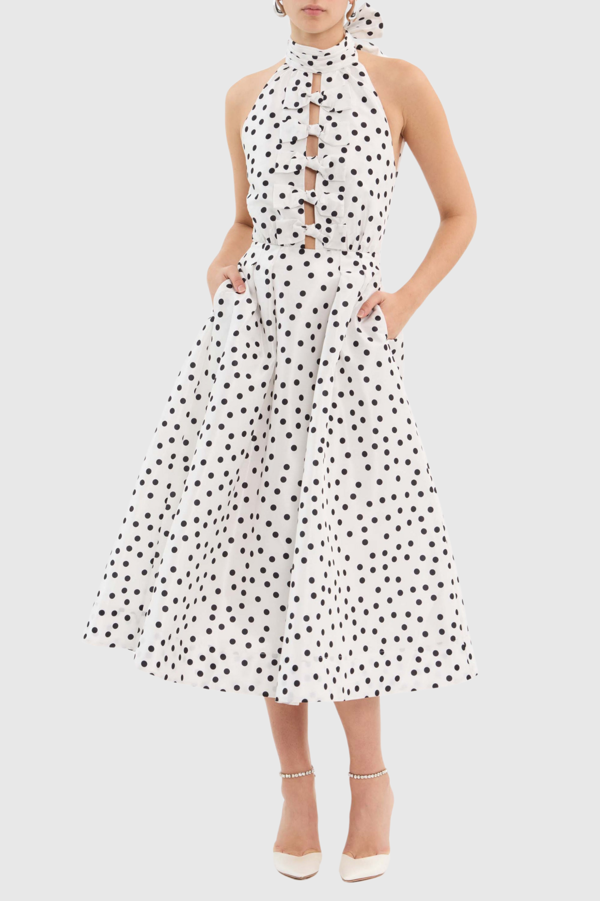 LONDA POLKA DOT HALTER BOW CUTOUT MIDI DRESS