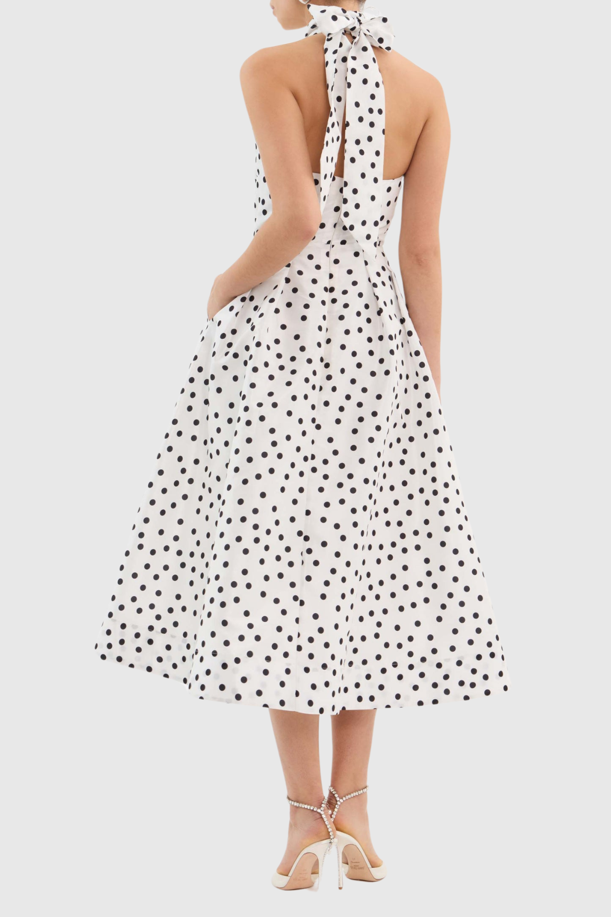 LONDA POLKA DOT HALTER BOW CUTOUT MIDI DRESS