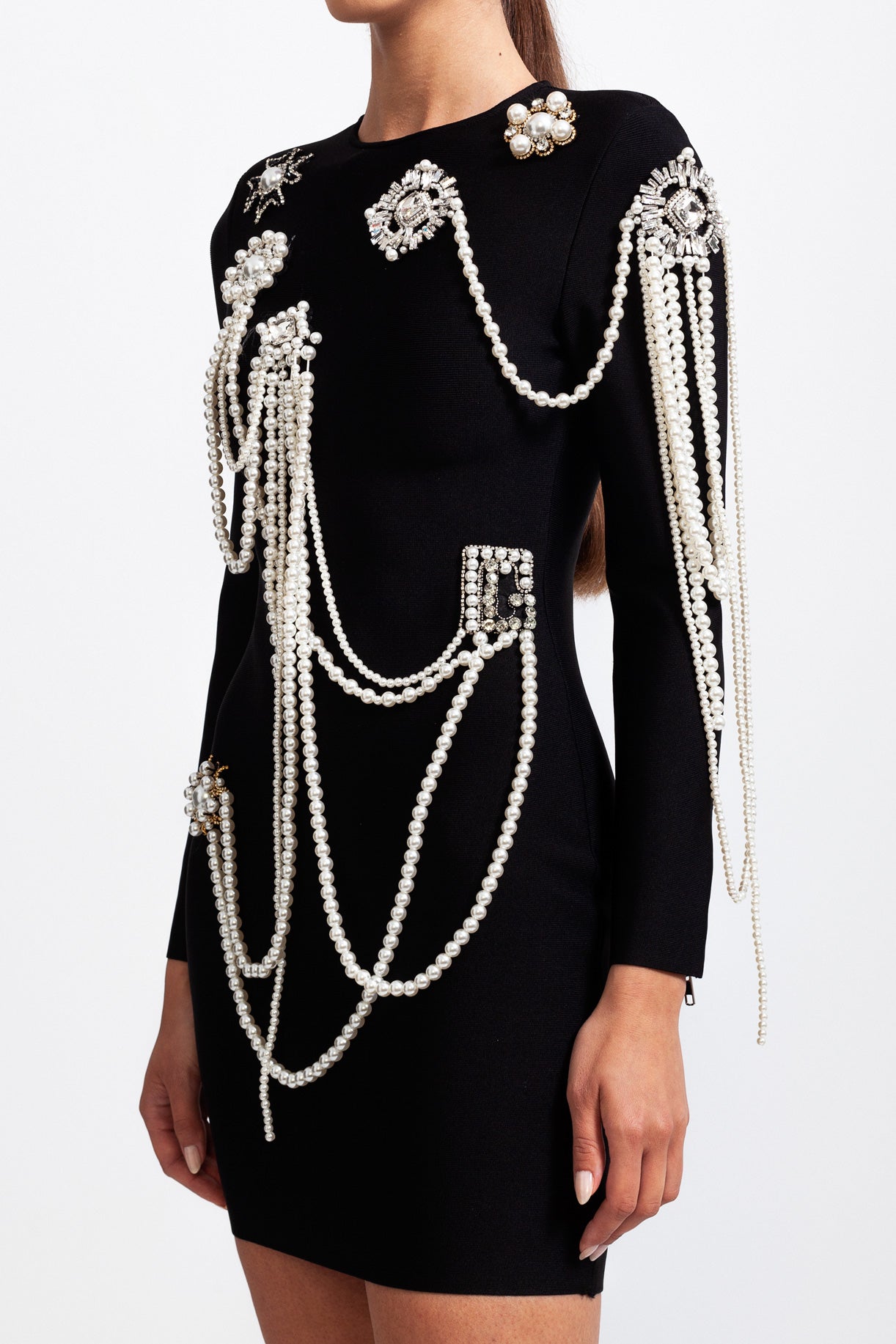 LONG SLEEVE PEARL MINI DRESS - BLACK
