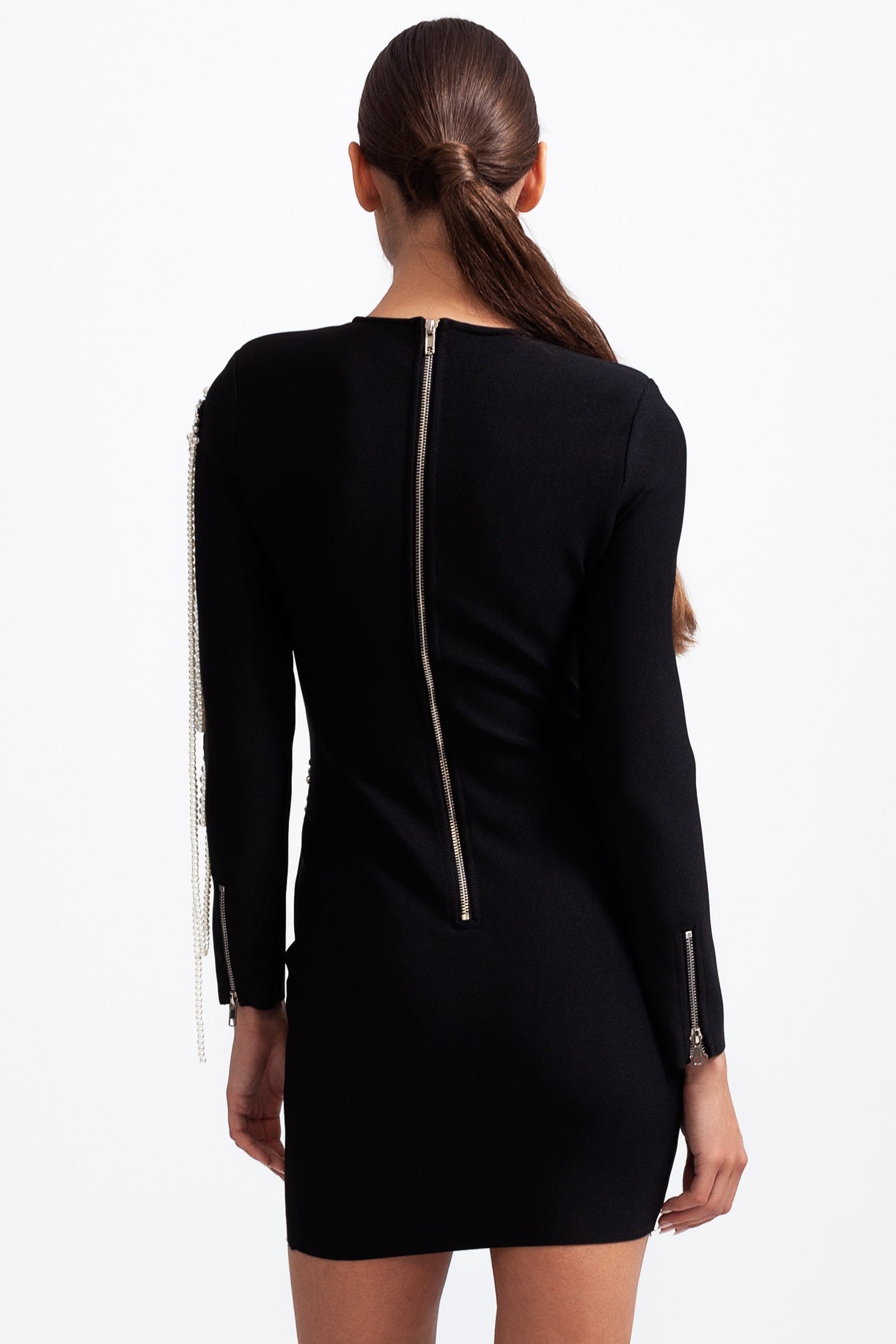 LONG SLEEVE PEARL MINI DRESS - BLACK