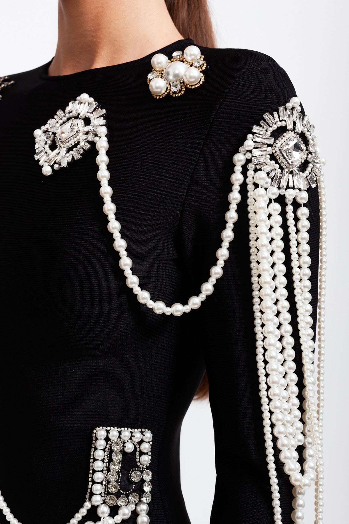 LONG SLEEVE PEARL MINI DRESS - BLACK
