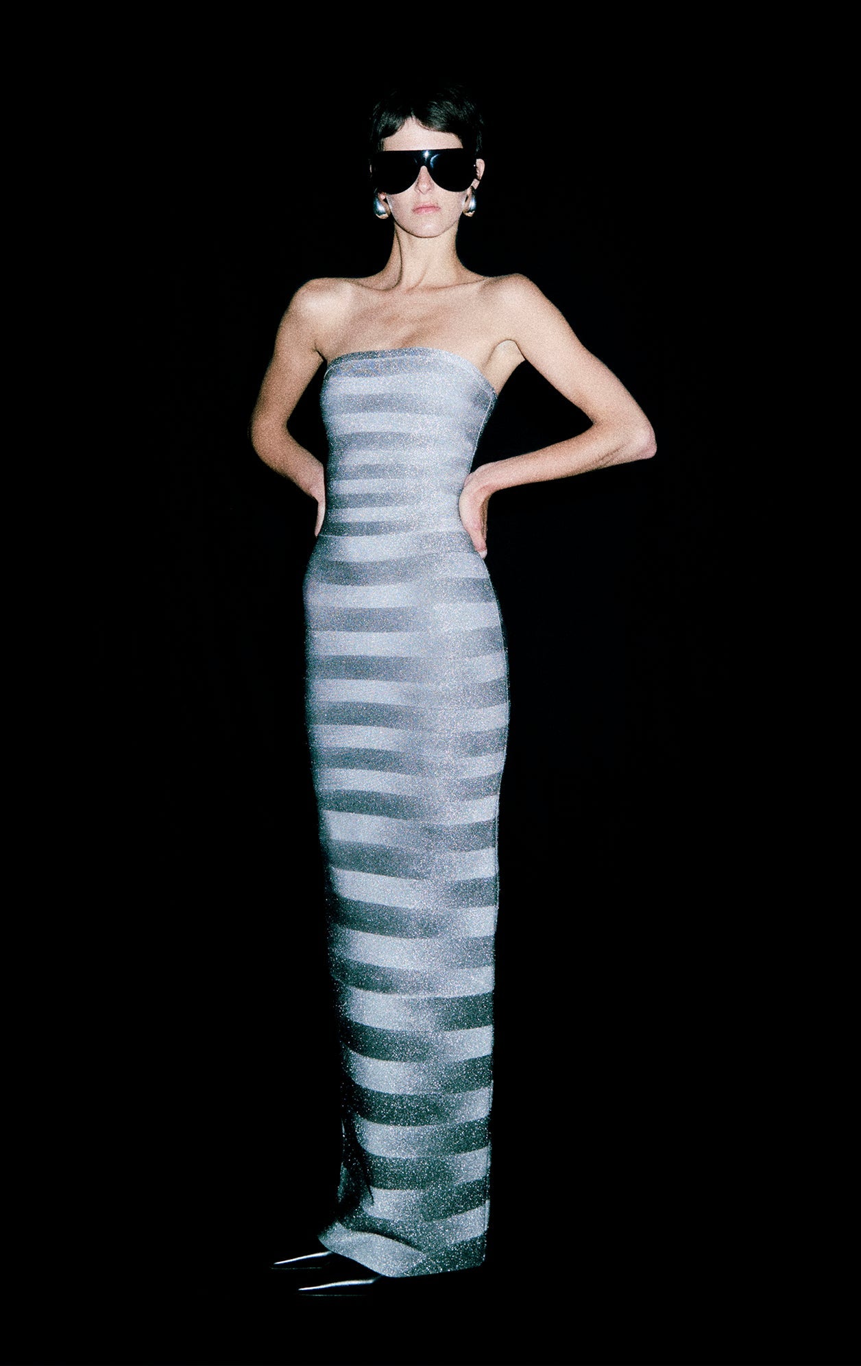 SILVER BANDAGE MAXI DRESS, BLING STRIPES, COCKTAIL PARTY