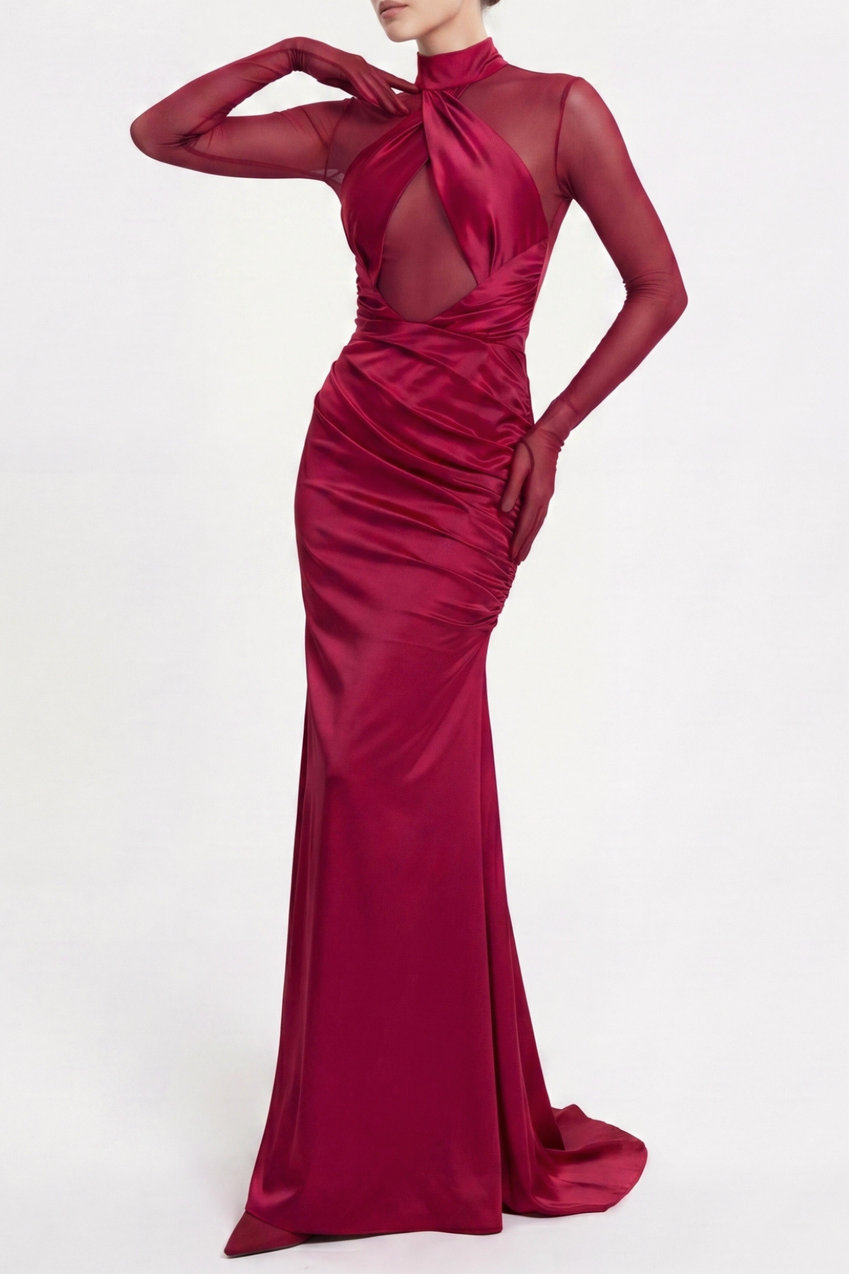 MESH SATIN LONG SLEEVE MAXI DRESS FOR WEDDING