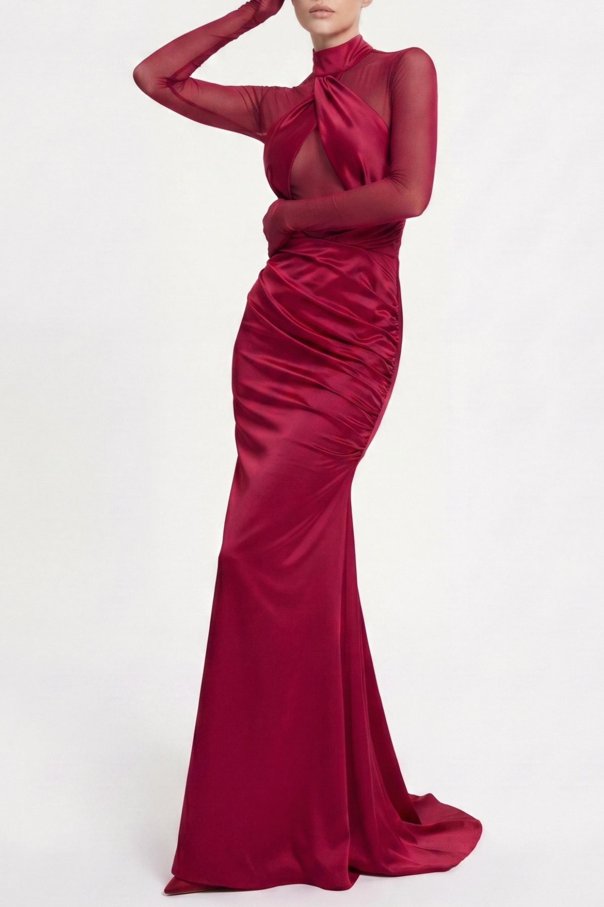 MESH SATIN LONG SLEEVE MAXI DRESS FOR WEDDING