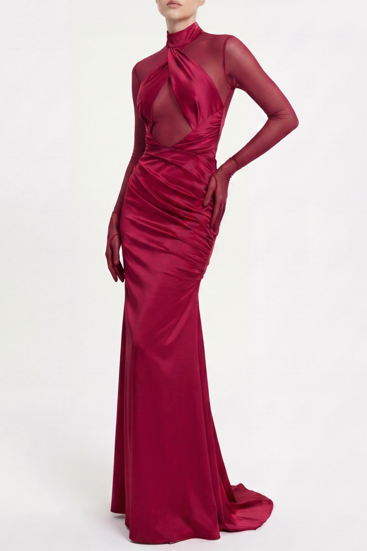 MESH SATIN LONG SLEEVE MAXI DRESS FOR WEDDING