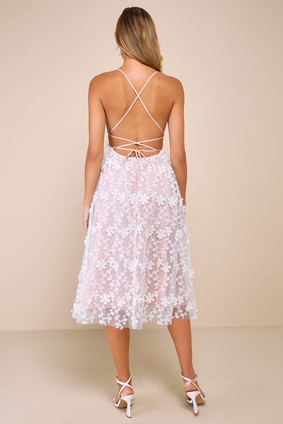 3D FLORAL APPLIQUE WHITE MIDI DRESS