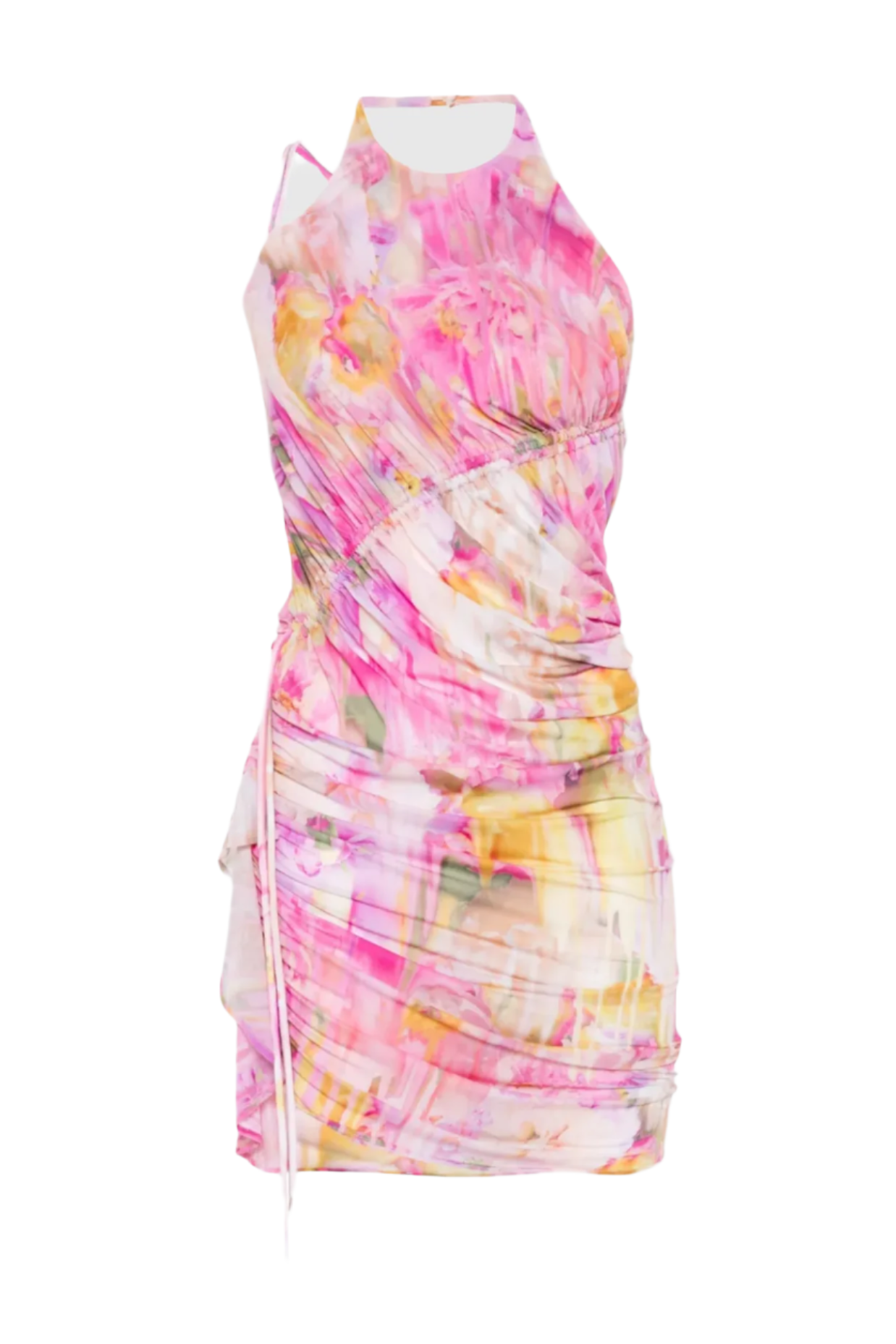 LUDEMA FLORAL HALTER RUCHED MINI DRESS