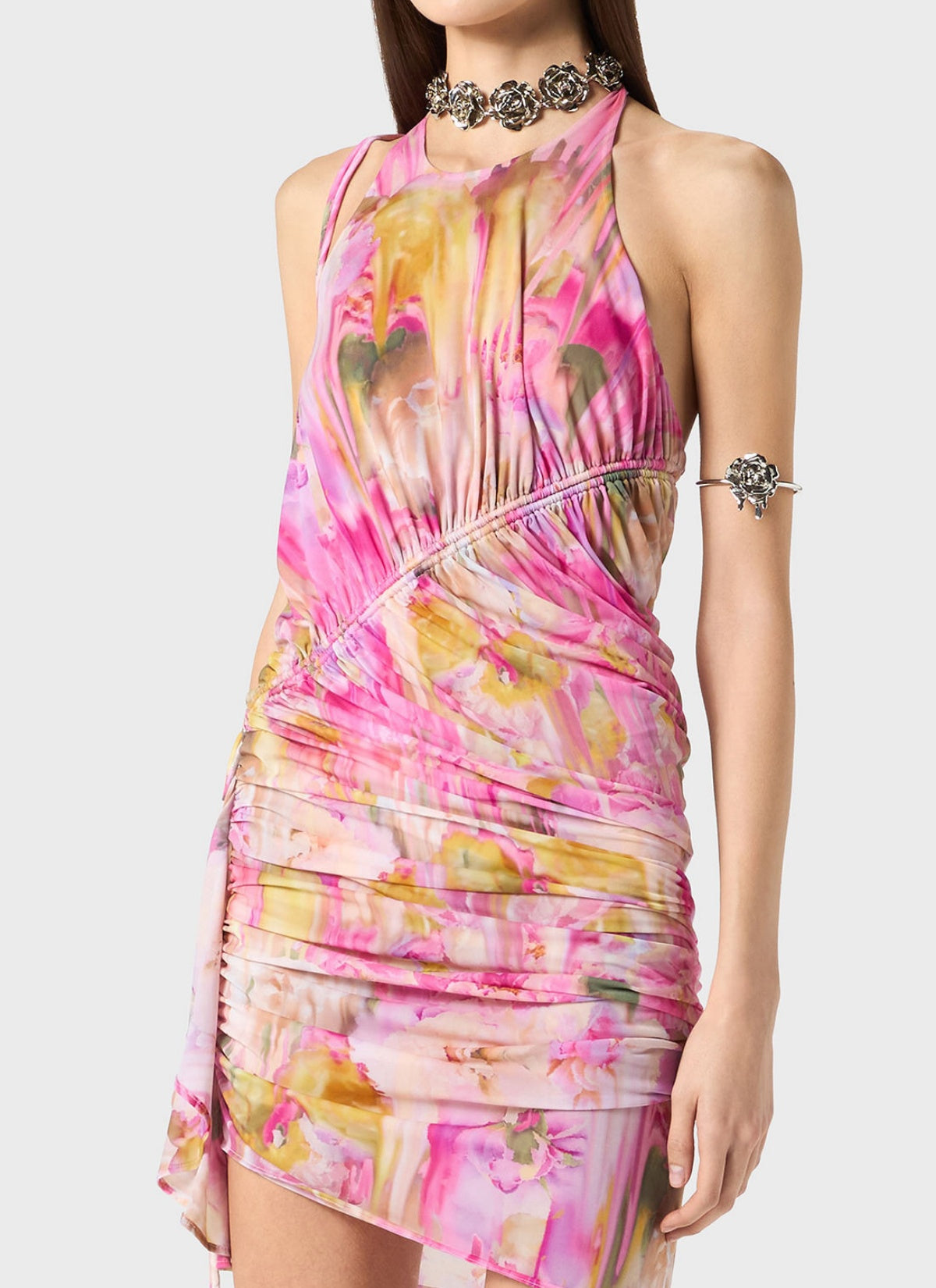 LUDEMA FLORAL HALTER RUCHED MINI DRESS