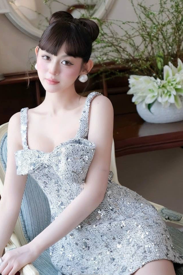 LunaBowSequinDressYellow_SilverSizeS_MReadyStock_2 ANILA SEQUIN BOW SLIP MINI DRESS, SILVER