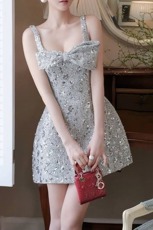 LunaBowSequinDressYellow_SilverSizeS_MReadyStock_3 ANILA SEQUIN BOW SLIP MINI DRESS, SILVER