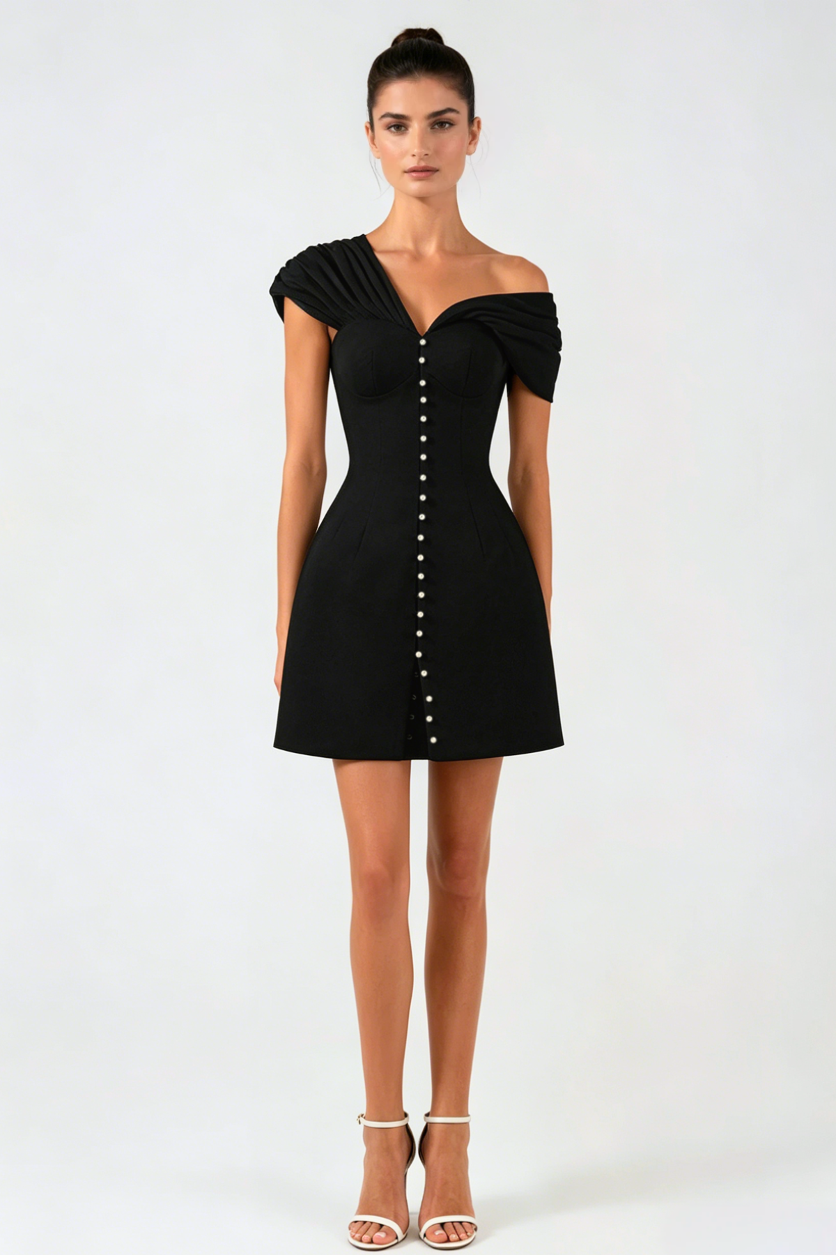 OFF-SHOULDER MINI DRESS, BLACK BUTTONED BODYCON