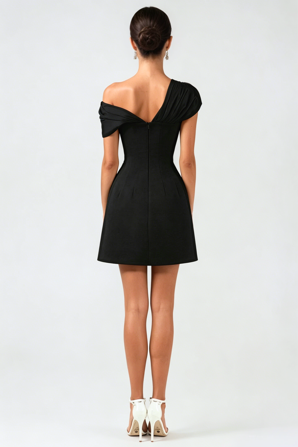 OFF-SHOULDER MINI DRESS, BLACK BUTTONED BODYCON