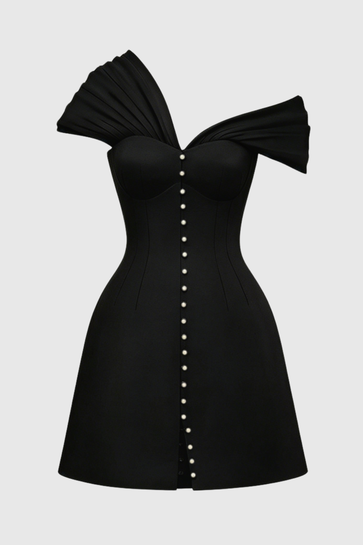 OFF-SHOULDER MINI DRESS, BLACK BUTTONED BODYCON
