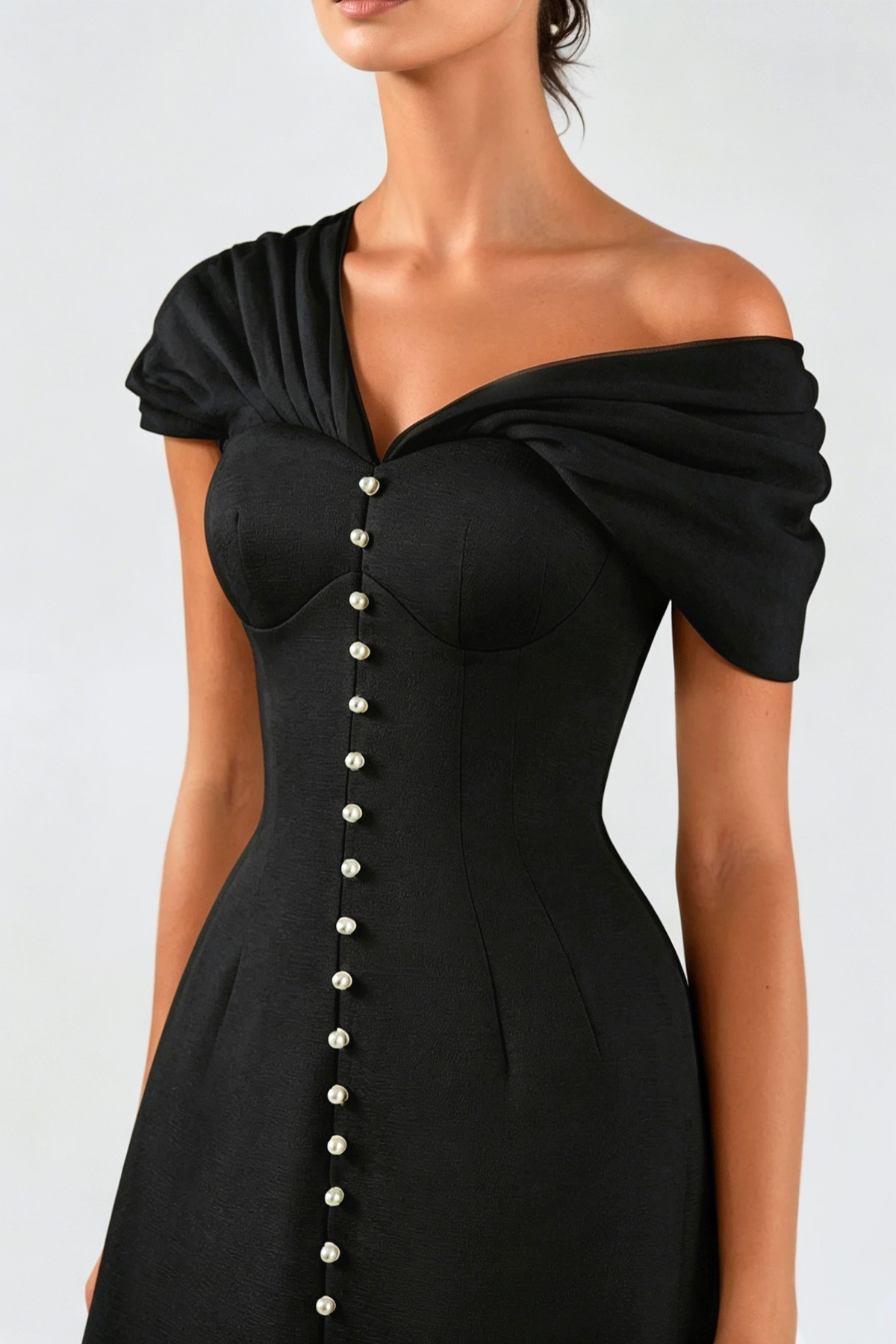 OFF-SHOULDER MINI DRESS, BLACK BUTTONED BODYCON