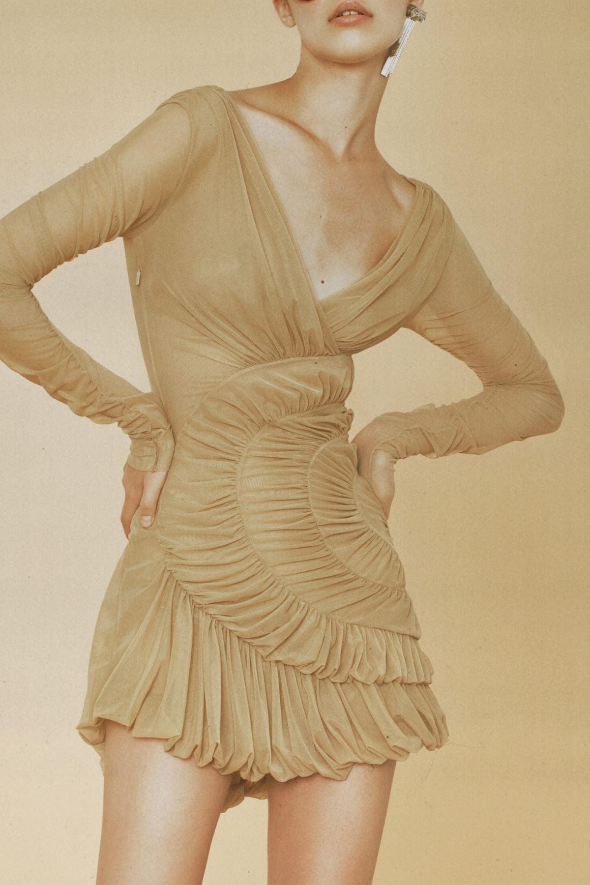 LYRE MESH SHIRRED MINI DRESS FOR PARTY