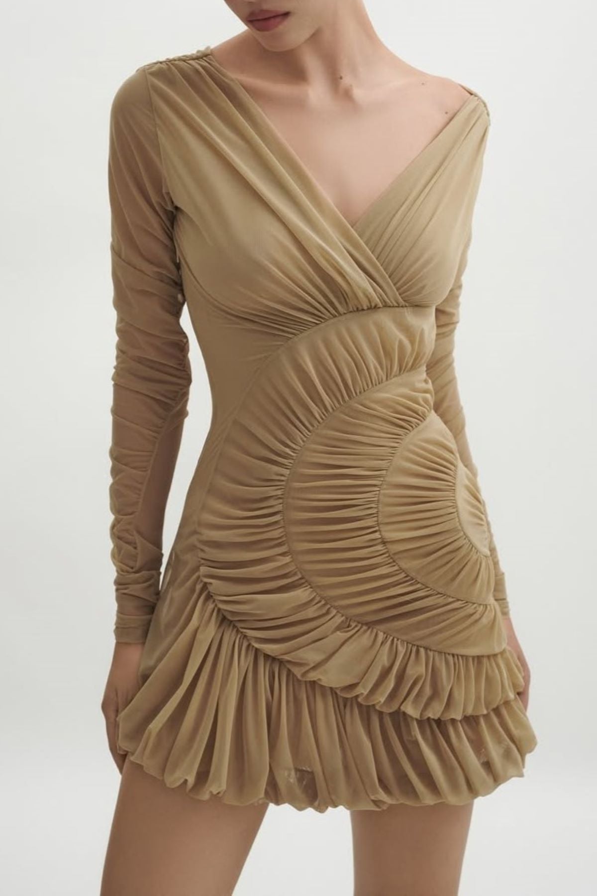 LYRE MESH SHIRRED MINI DRESS FOR PARTY