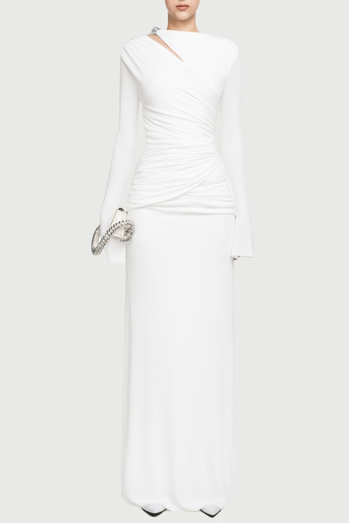 LYSANDER ASYMMETRICAL DRAPE CUTOUT MAXI DRESS - WHITE