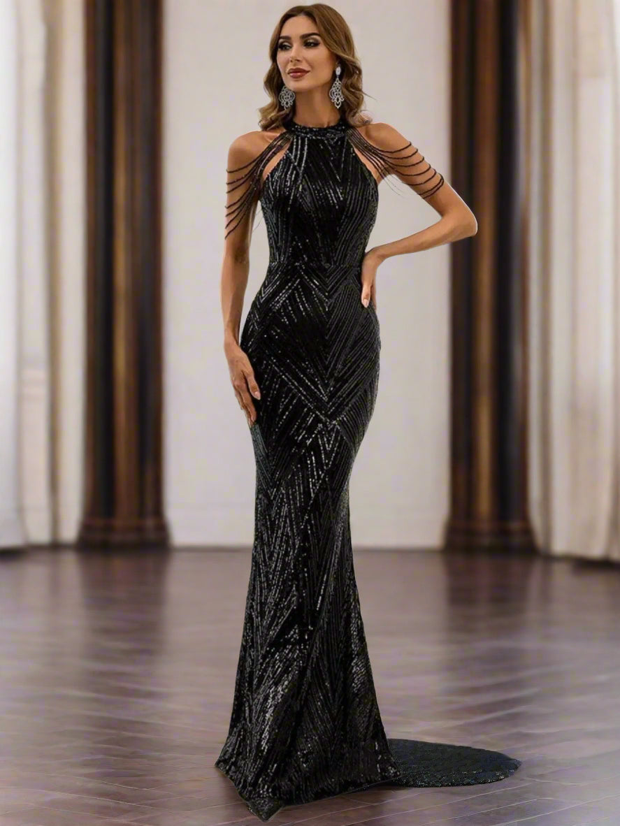GEOMETRIC SEQUIN MERMAID PROM DRESS
