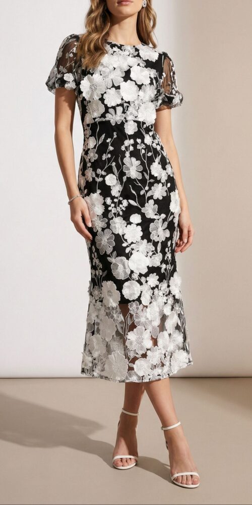 Black & White Floral Lace Midi Dress with Puff Sleeves Black & White Floral Lace Midi Dress with Puff Sleeves