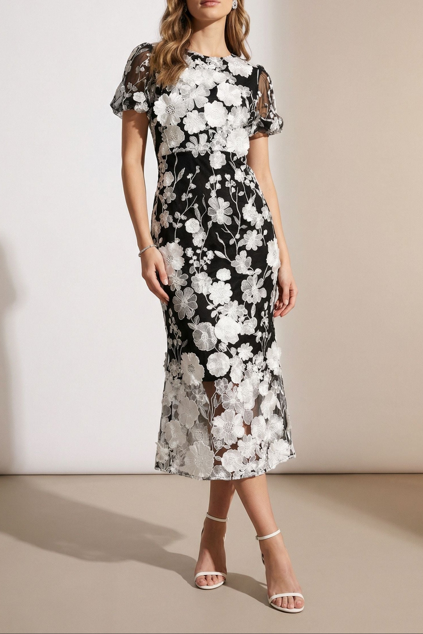 Black & White Floral Lace Midi Dress with Puff Sleeves
