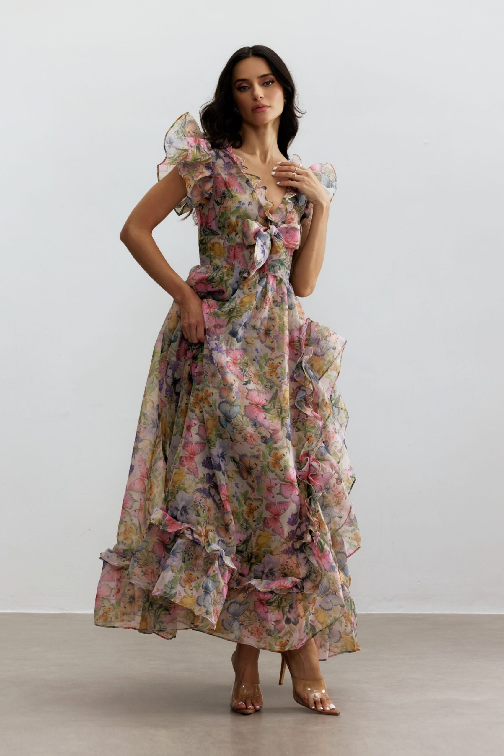 BUTTERFLY PRINT RUFFLE CHIFFON MAXI DRESS