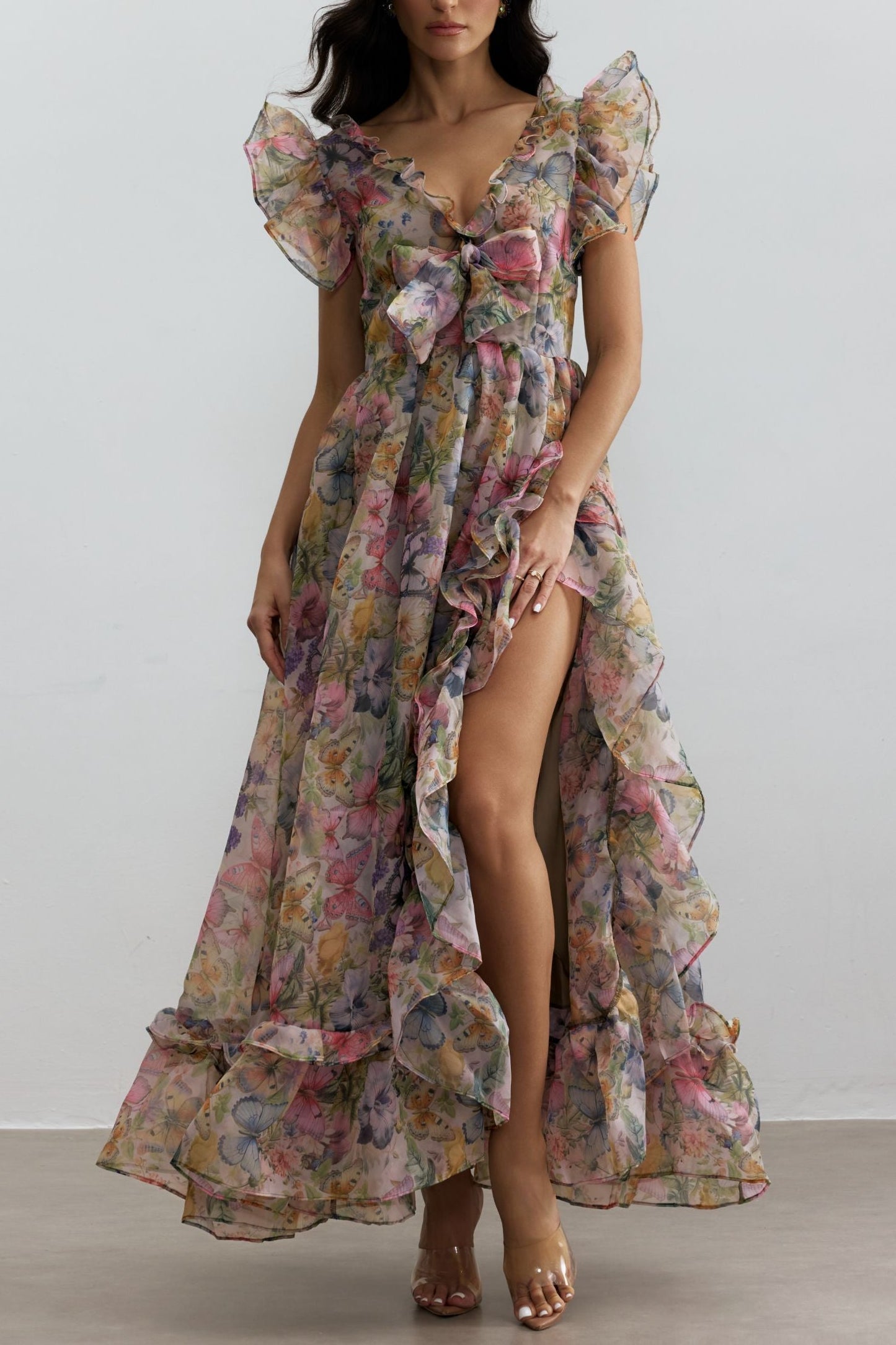 BUTTERFLY PRINT RUFFLE CHIFFON MAXI DRESS