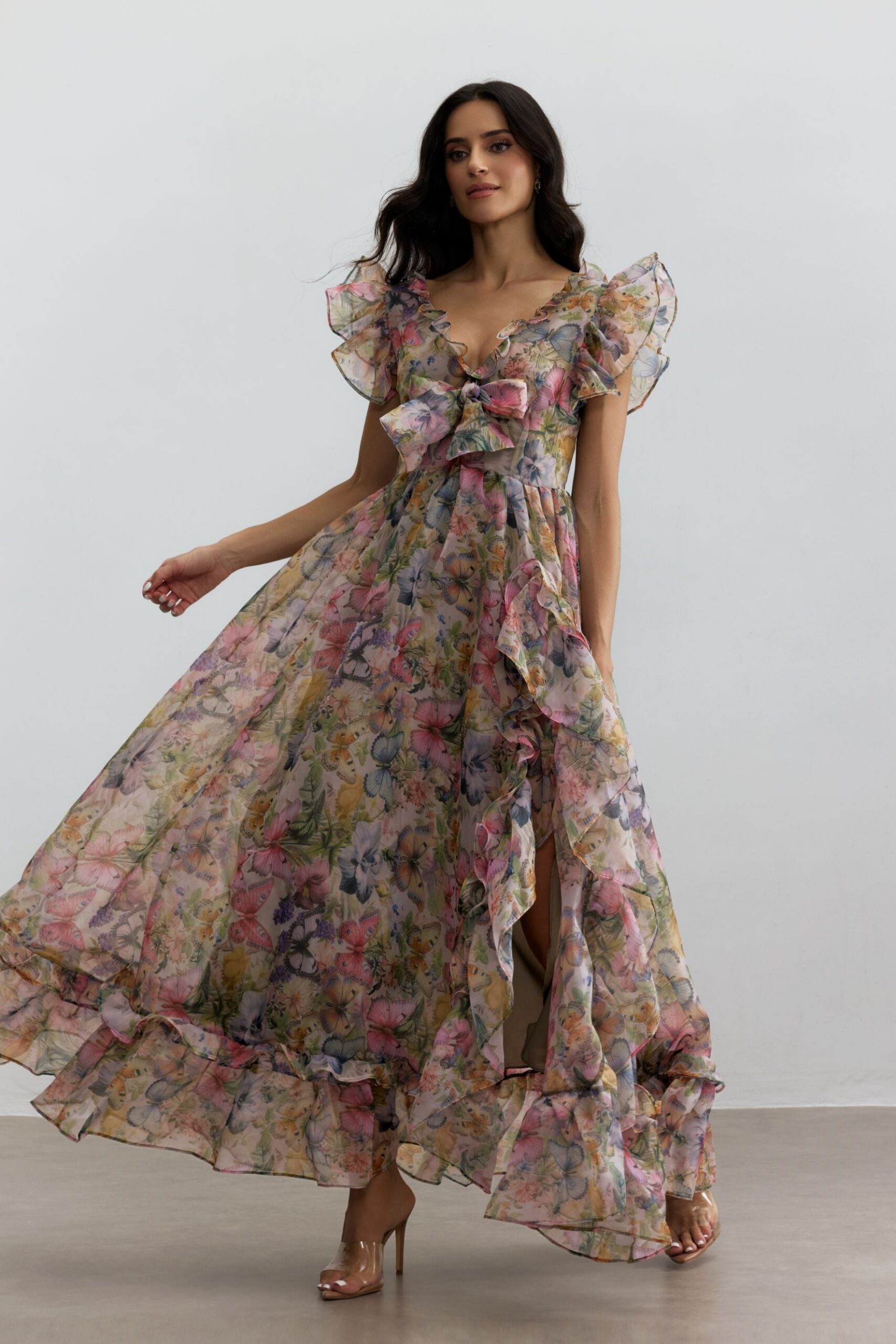 BUTTERFLY PRINT RUFFLE CHIFFON MAXI DRESS