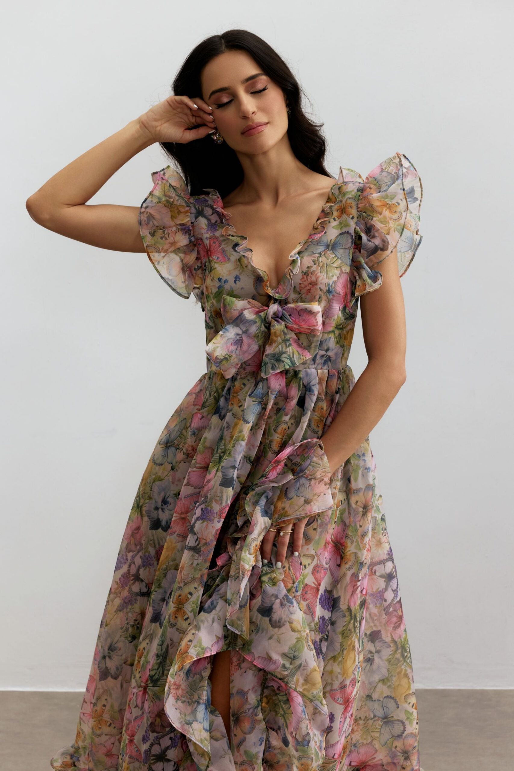 BUTTERFLY PRINT RUFFLE CHIFFON MAXI DRESS