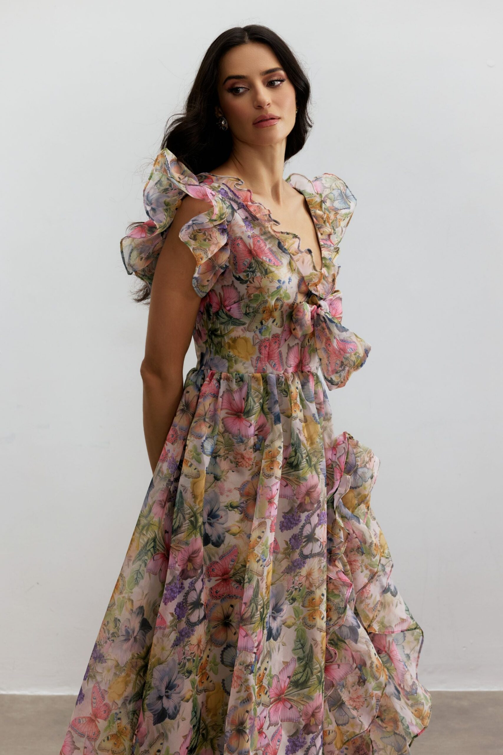 BUTTERFLY PRINT RUFFLE CHIFFON MAXI DRESS