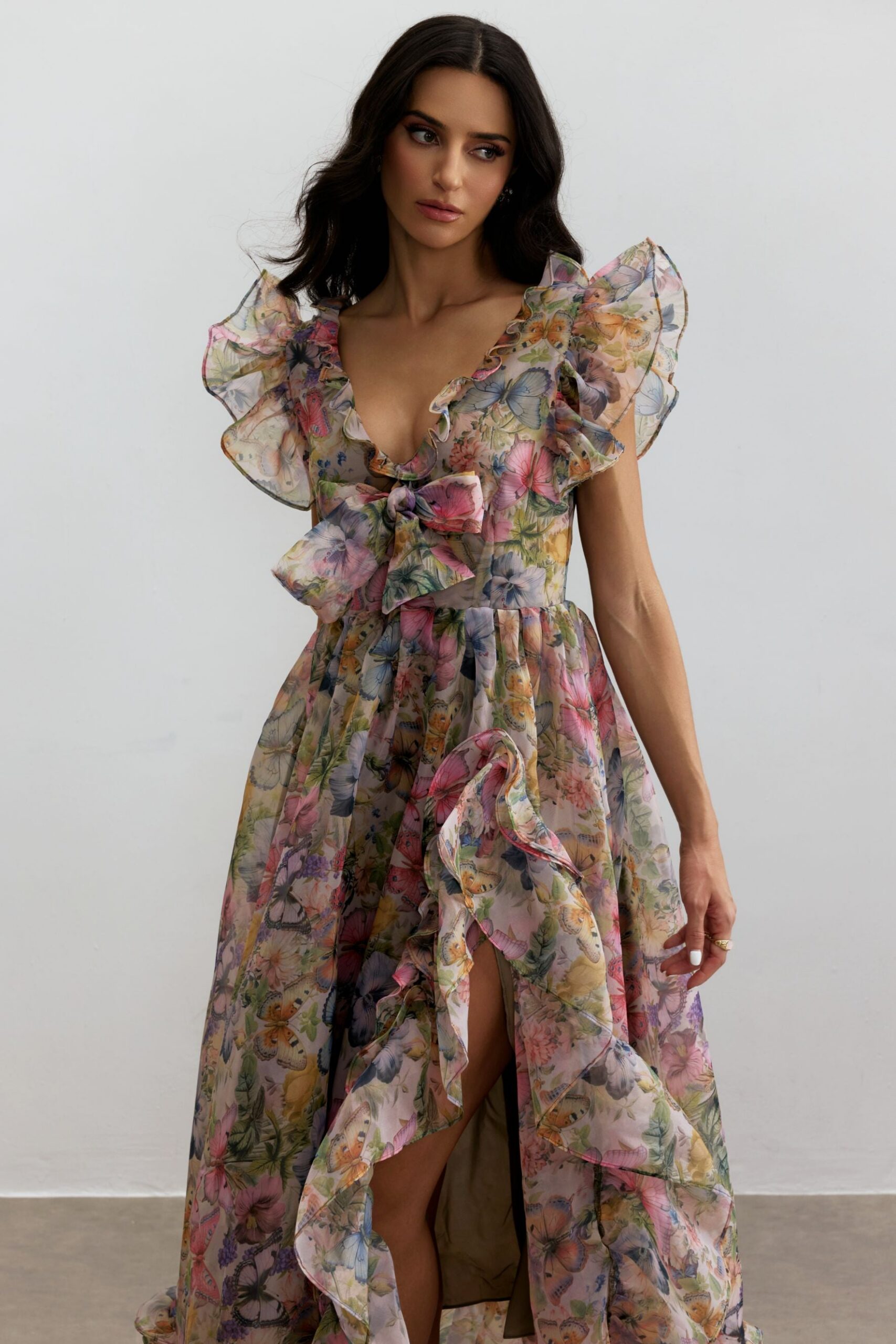 BUTTERFLY PRINT RUFFLE CHIFFON MAXI DRESS