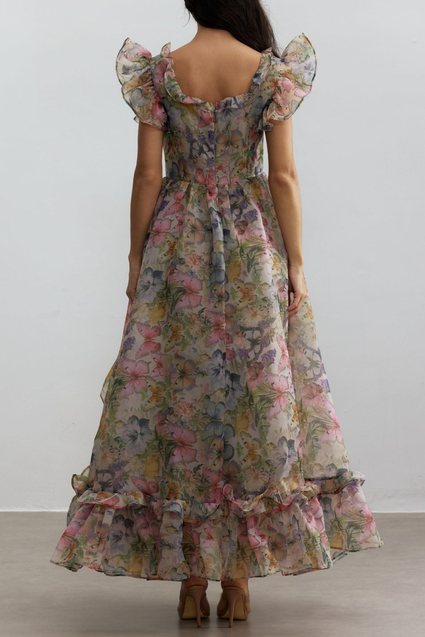 BUTTERFLY PRINT RUFFLE CHIFFON MAXI DRESS