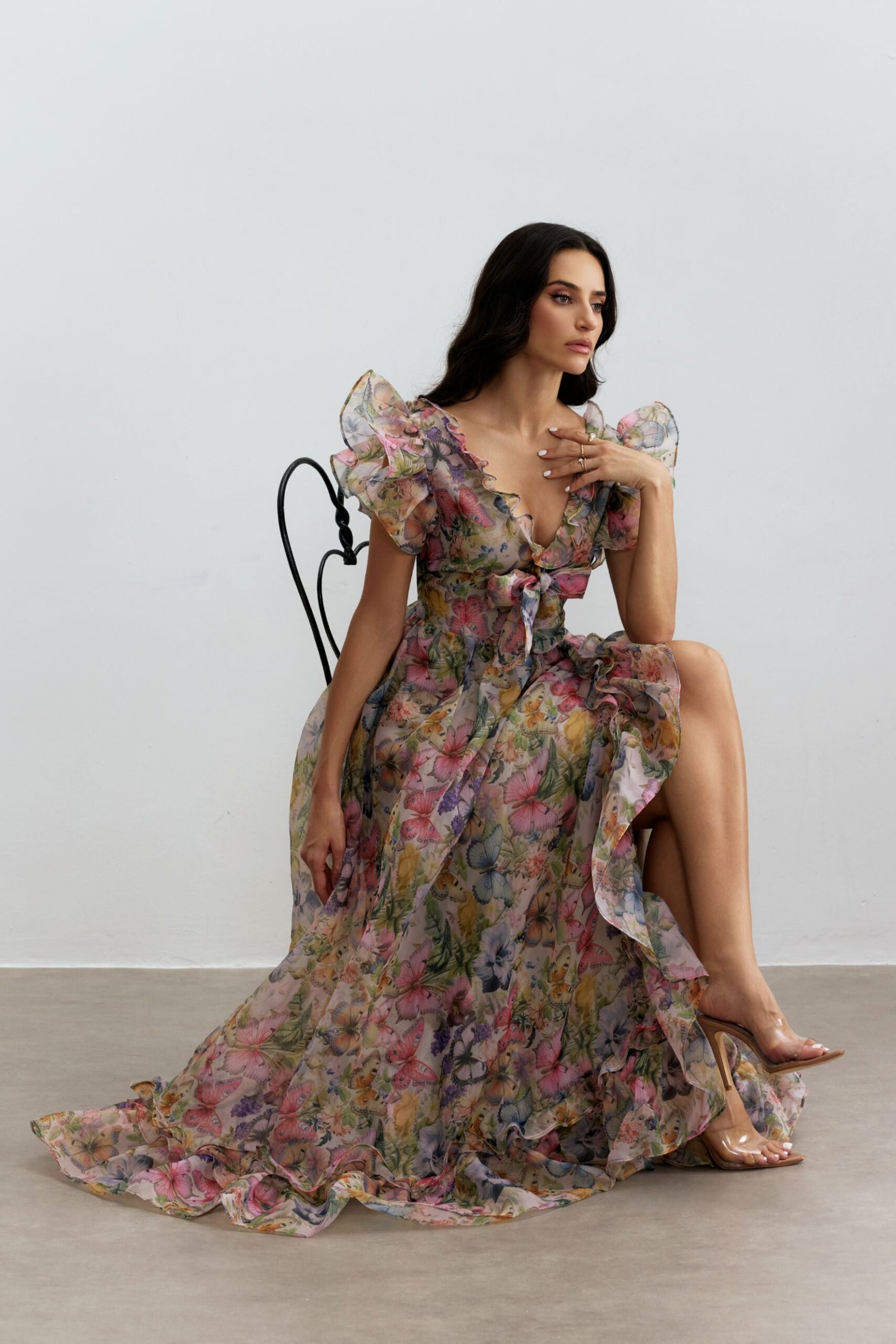 BUTTERFLY PRINT RUFFLE CHIFFON MAXI DRESS