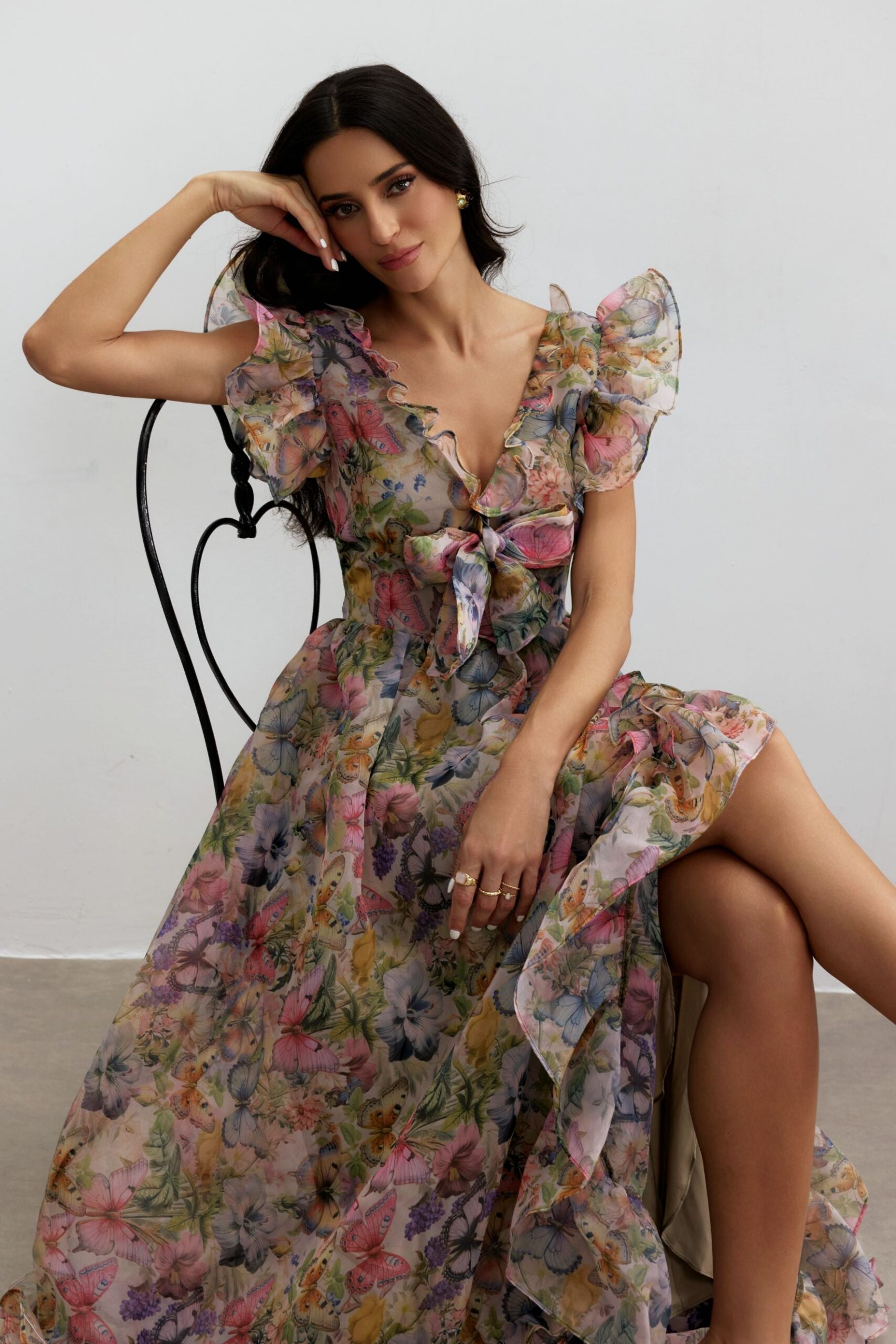 BUTTERFLY PRINT RUFFLE CHIFFON MAXI DRESS