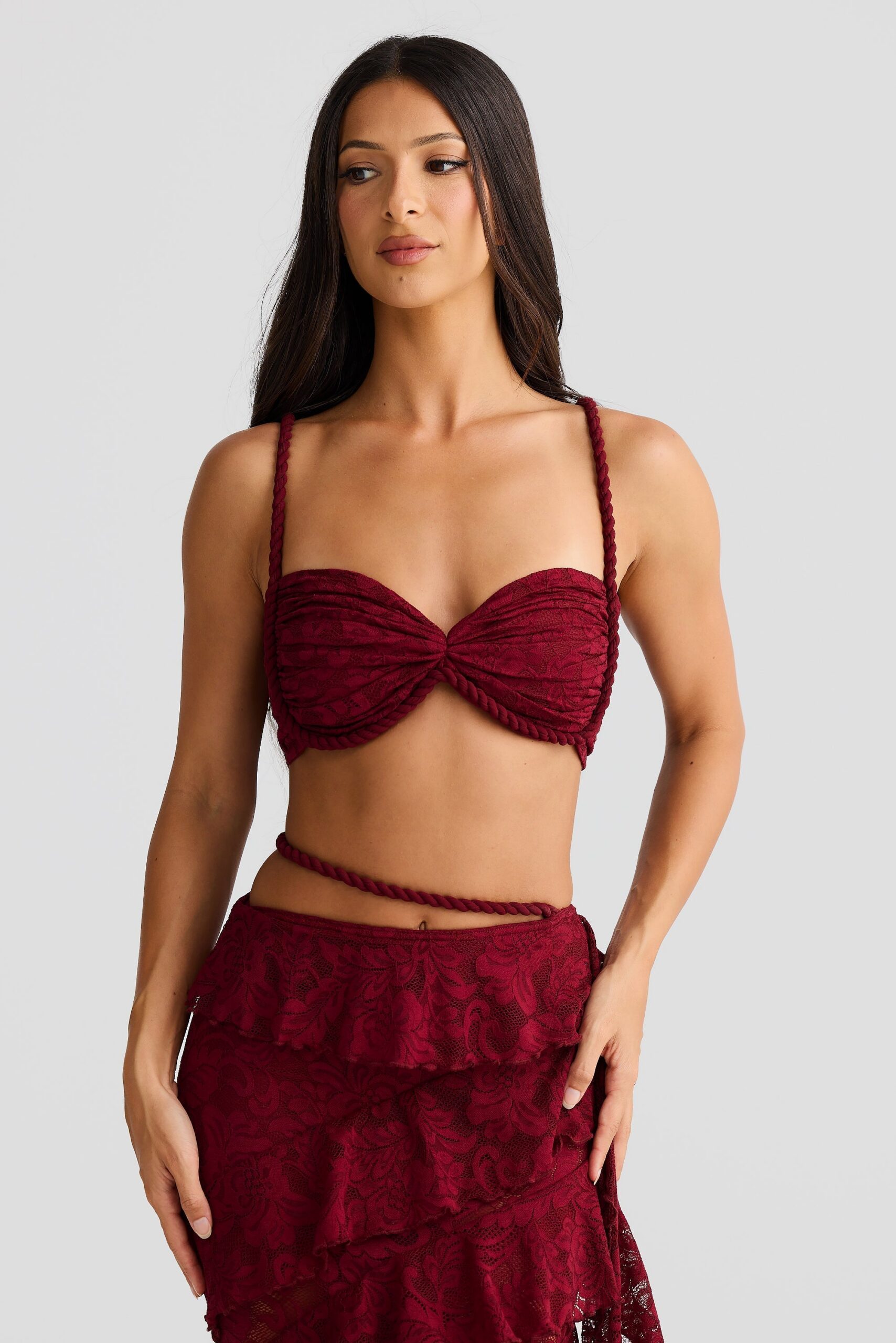 CROP TOP & LACE SKIRT SET BURGUNDY ROPE