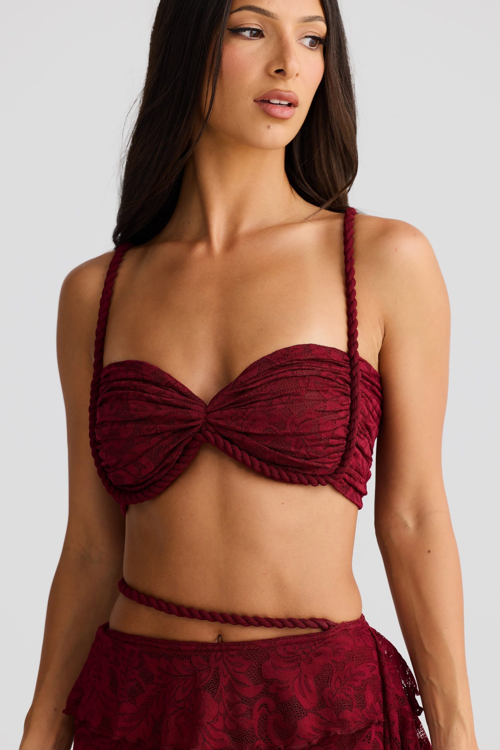 CROP TOP & LACE SKIRT SET BURGUNDY ROPE