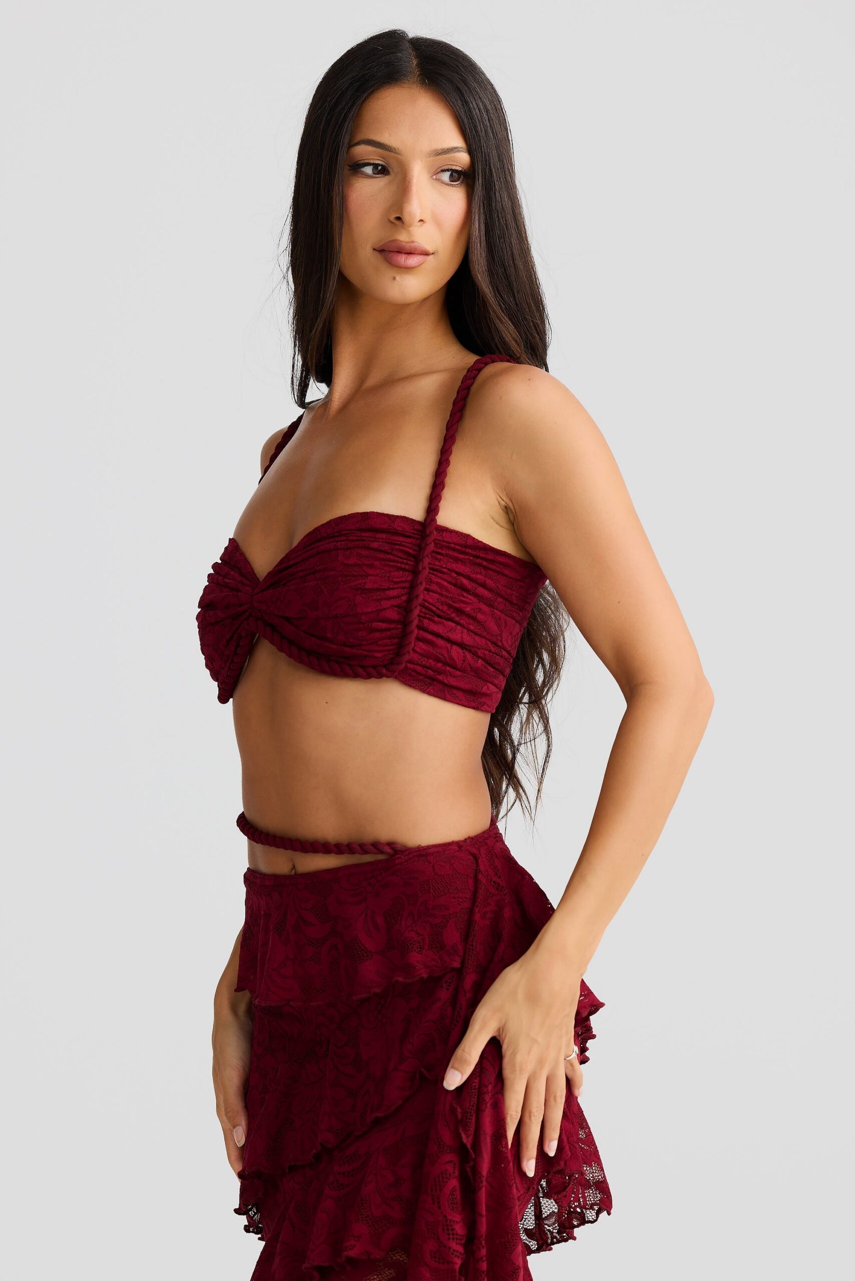 CROP TOP & LACE SKIRT SET BURGUNDY ROPE