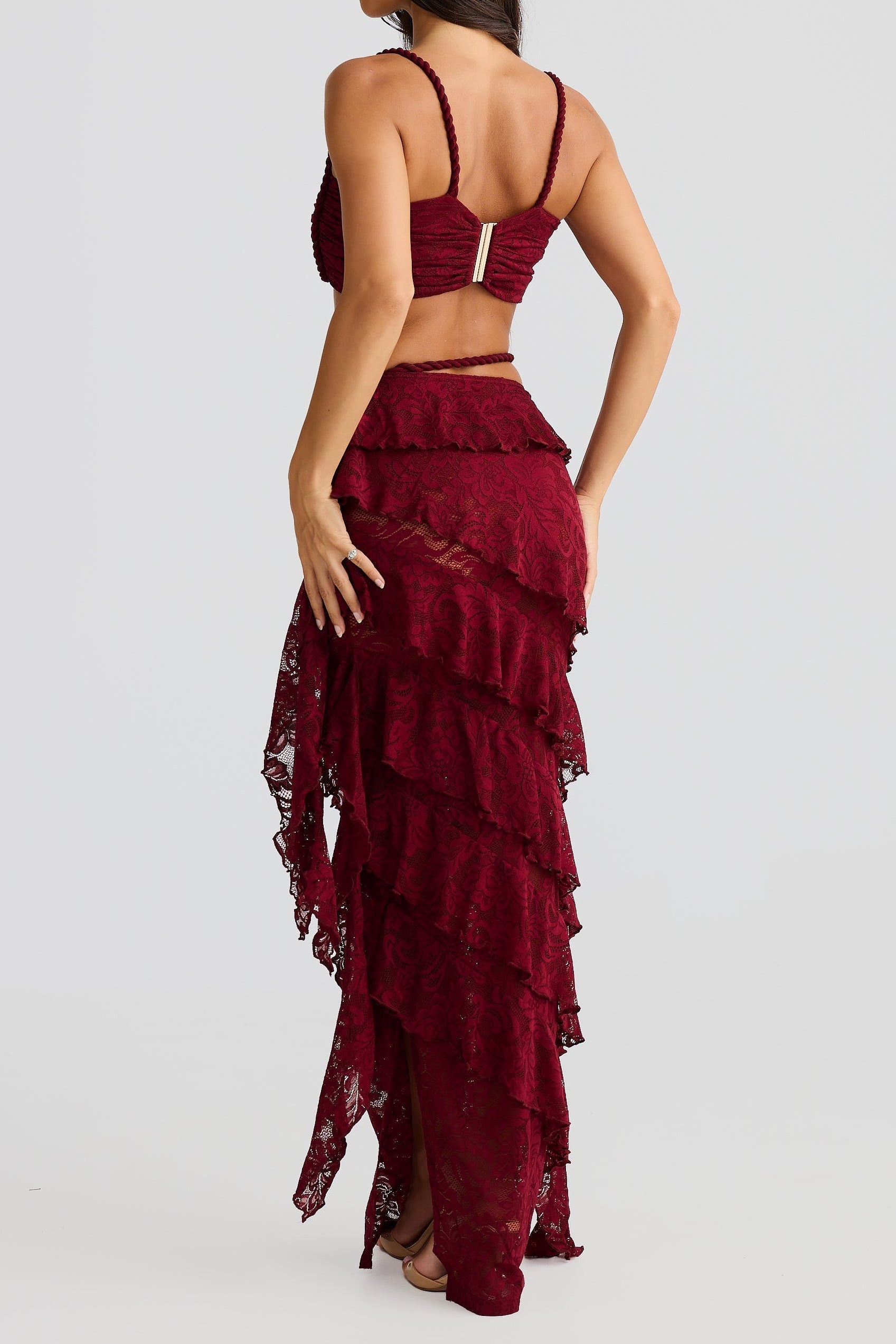 CROP TOP & LACE SKIRT SET BURGUNDY ROPE