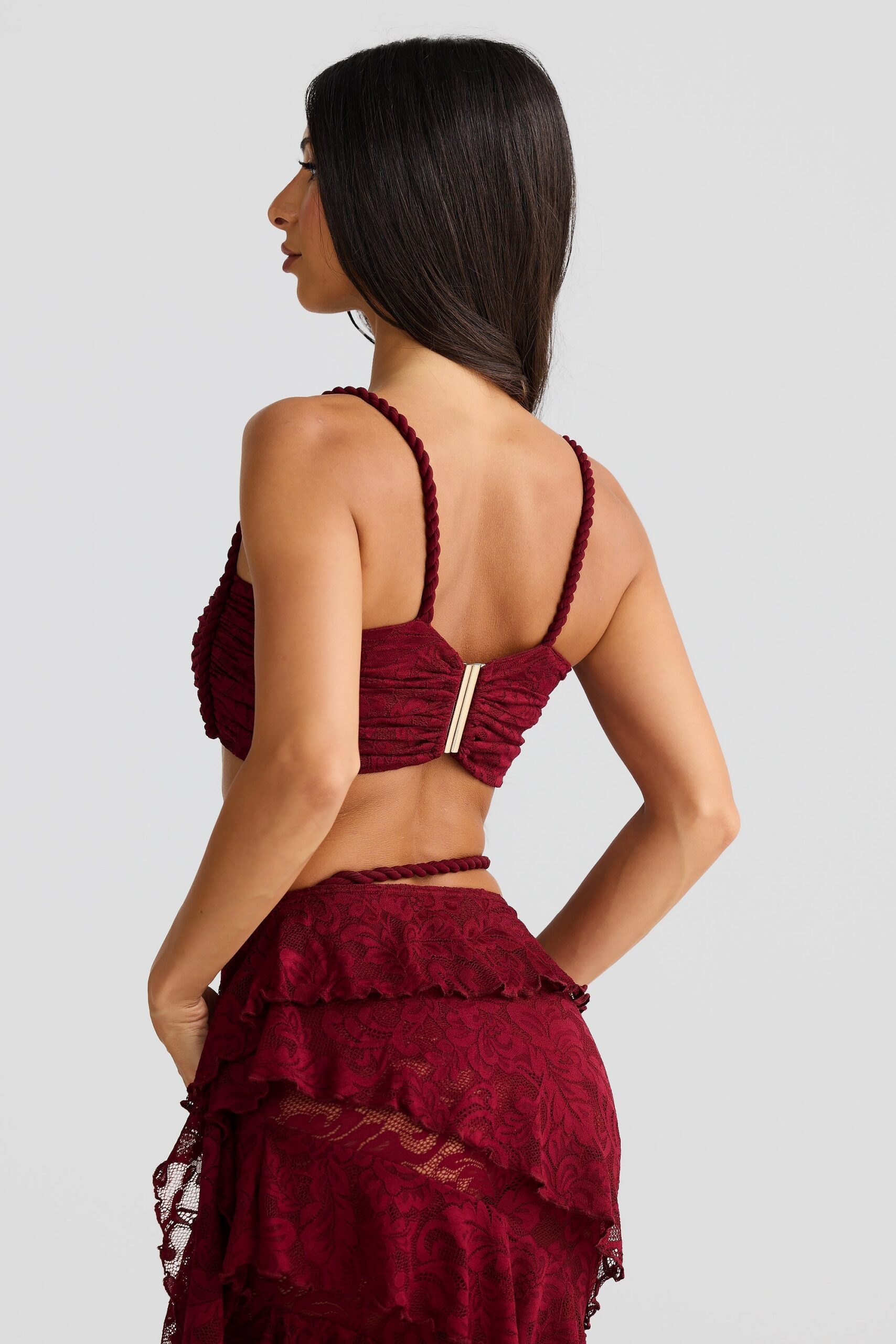 CROP TOP & LACE SKIRT SET BURGUNDY ROPE