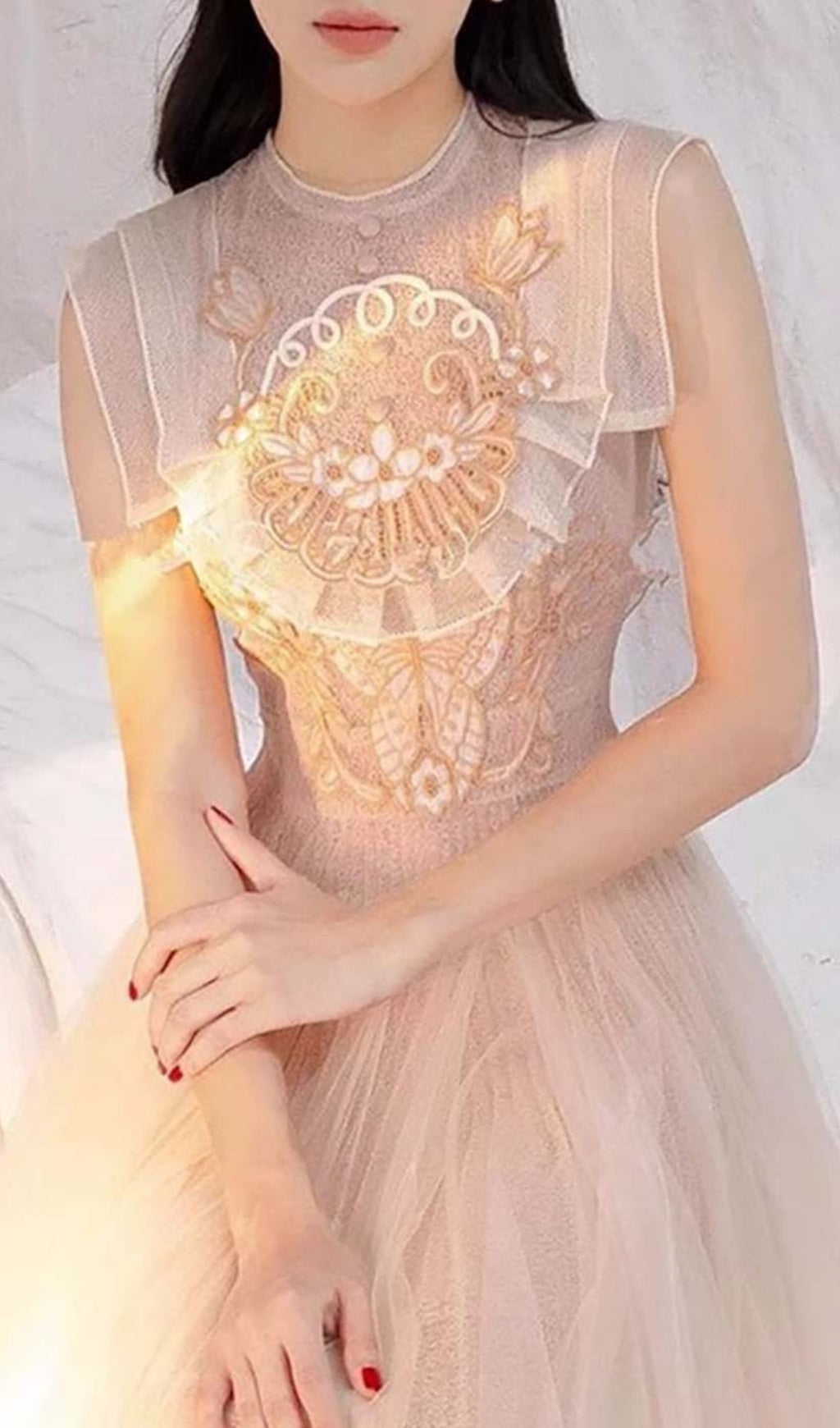 MESH EMBROIDERED PINK SKATER DRESS FOR PARTIES