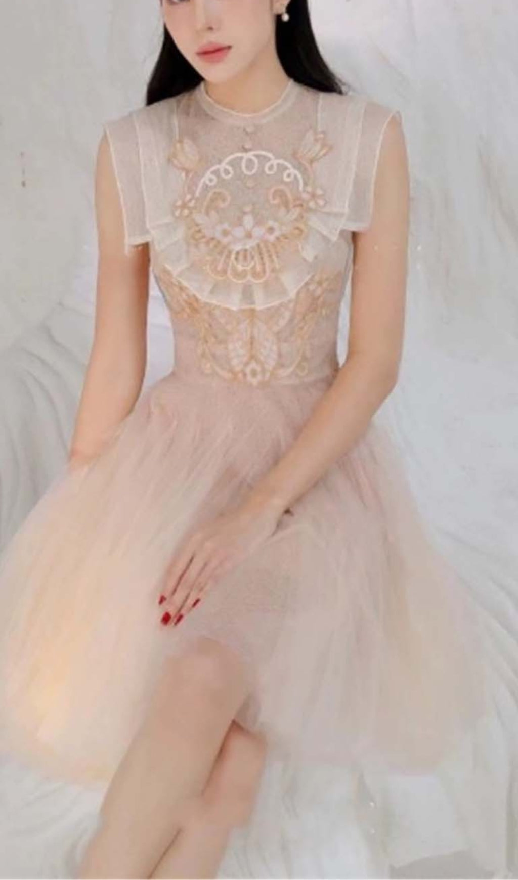 MESH EMBROIDERED PINK SKATER DRESS FOR PARTIES