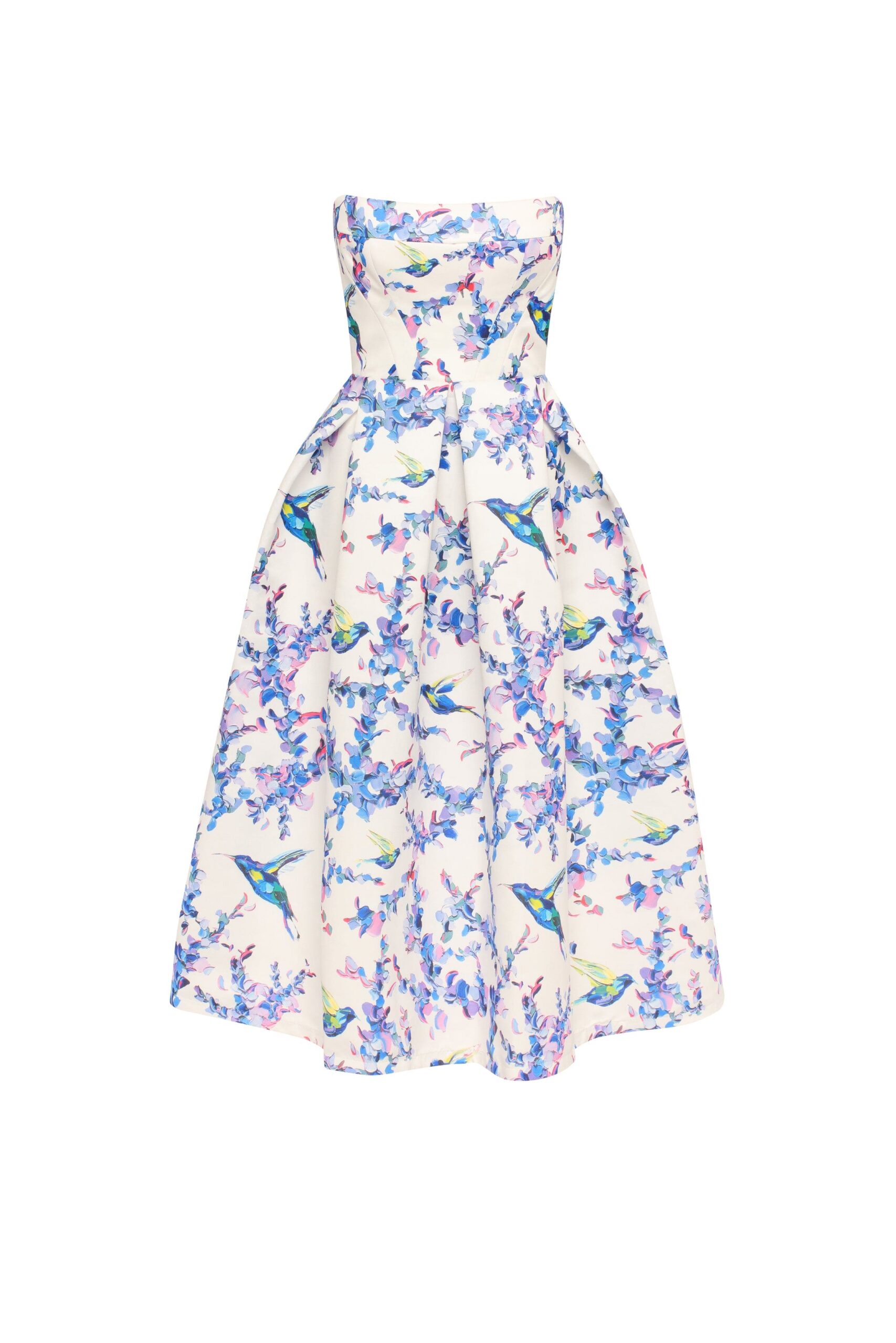 STRAPLESS MIDI GARDEN DRESS, BIRD FLOWER PRINT, SUMMER WEDDING