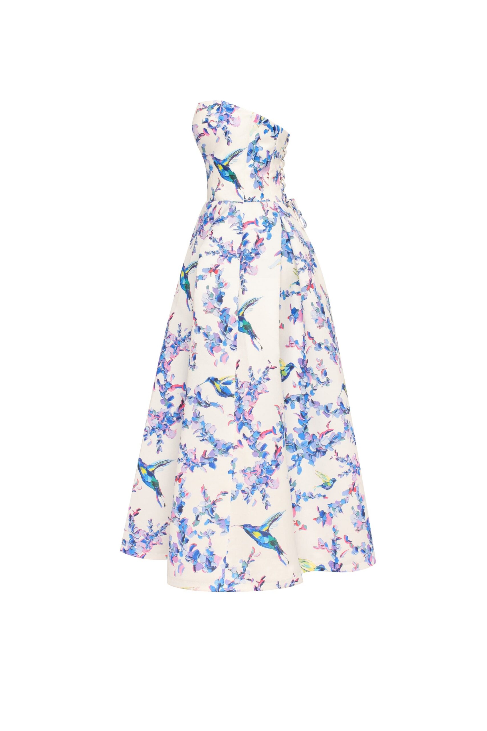 STRAPLESS MIDI GARDEN DRESS, BIRD FLOWER PRINT, SUMMER WEDDING