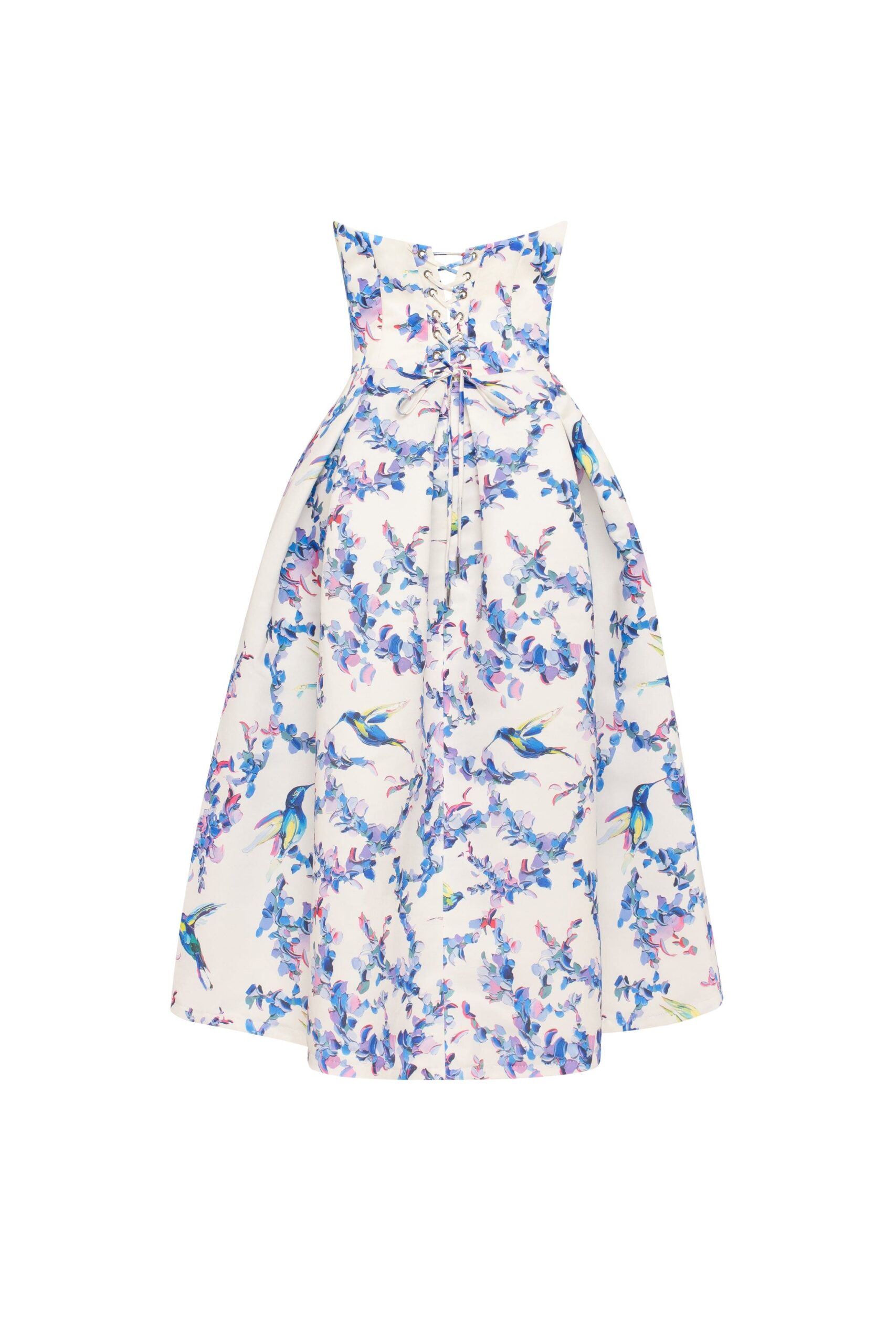 STRAPLESS MIDI GARDEN DRESS, BIRD FLOWER PRINT, SUMMER WEDDING