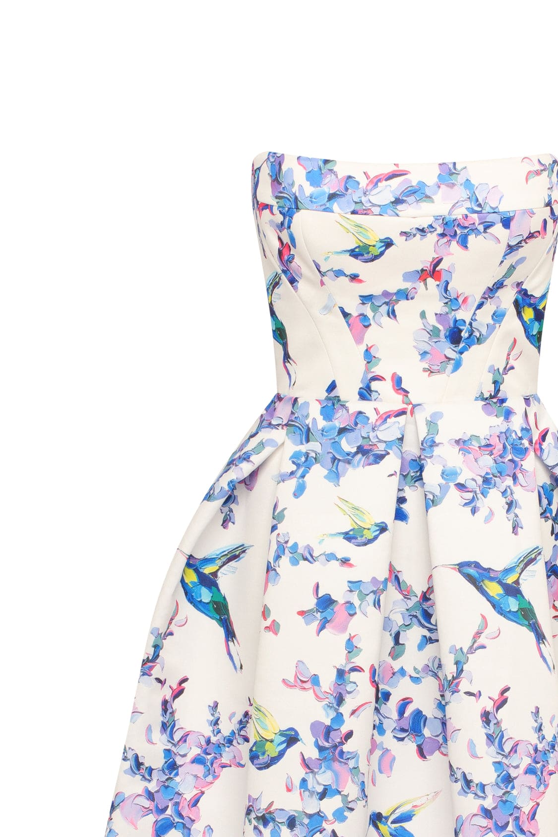 STRAPLESS MIDI GARDEN DRESS, BIRD FLOWER PRINT, SUMMER WEDDING
