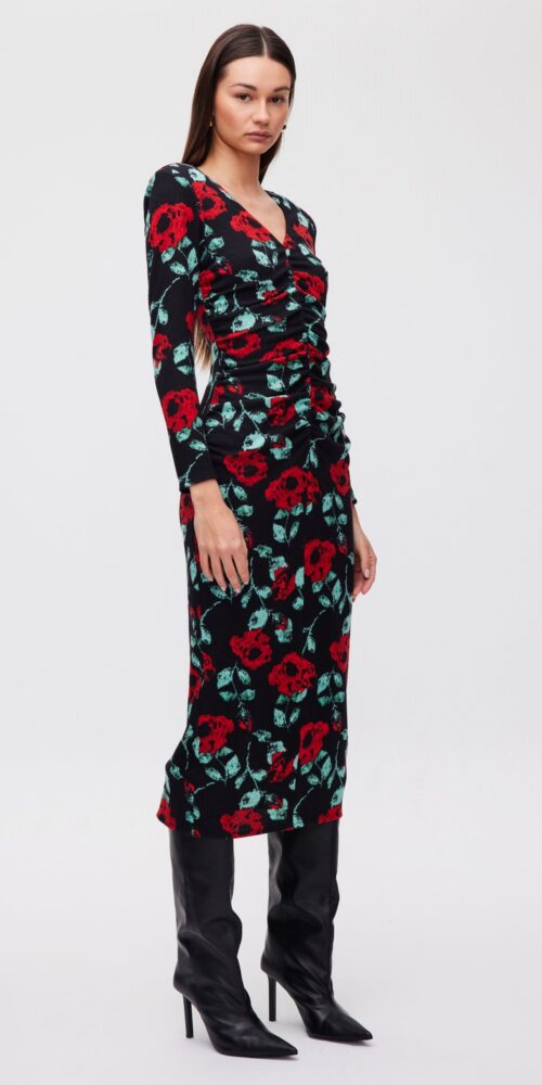 RED ROSES KNITTED MIDI DRESS