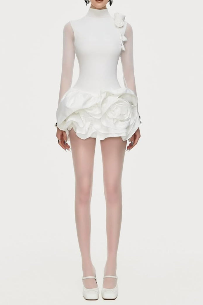 3D FLOWER HEM MESH WHITE MINI DRESS
