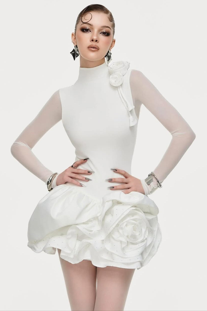3D FLOWER HEM MESH WHITE MINI DRESS