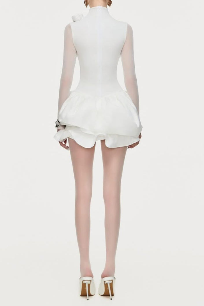 3D FLOWER HEM MESH WHITE MINI DRESS