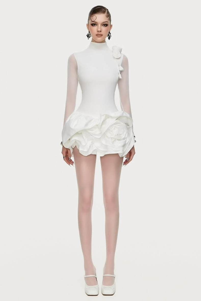 3D FLOWER HEM MESH WHITE MINI DRESS