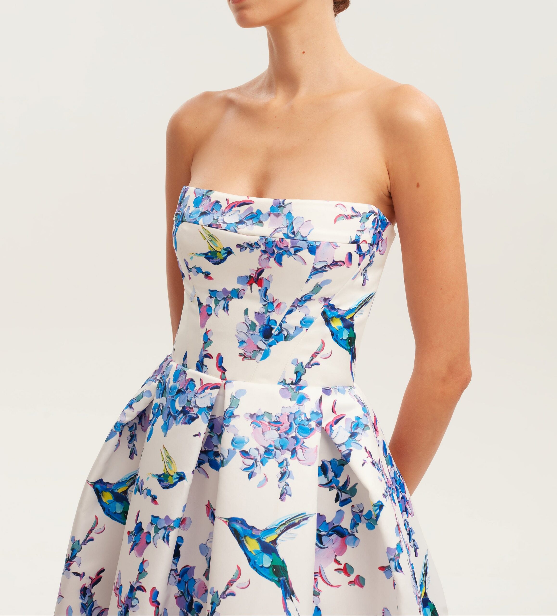 STRAPLESS MIDI GARDEN DRESS, BIRD FLOWER PRINT, SUMMER WEDDING